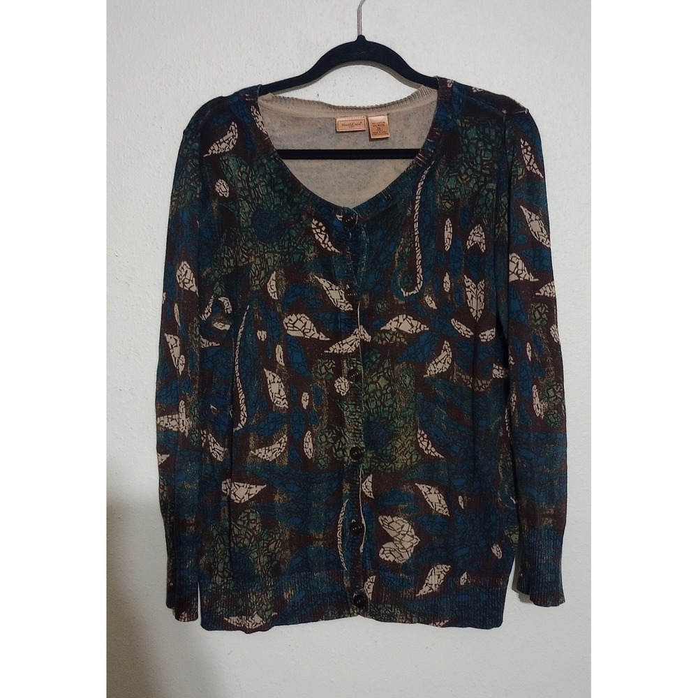 NorthCrest Classic Womens XL Abstract Botanical Knit Cardigan Sweater Fall